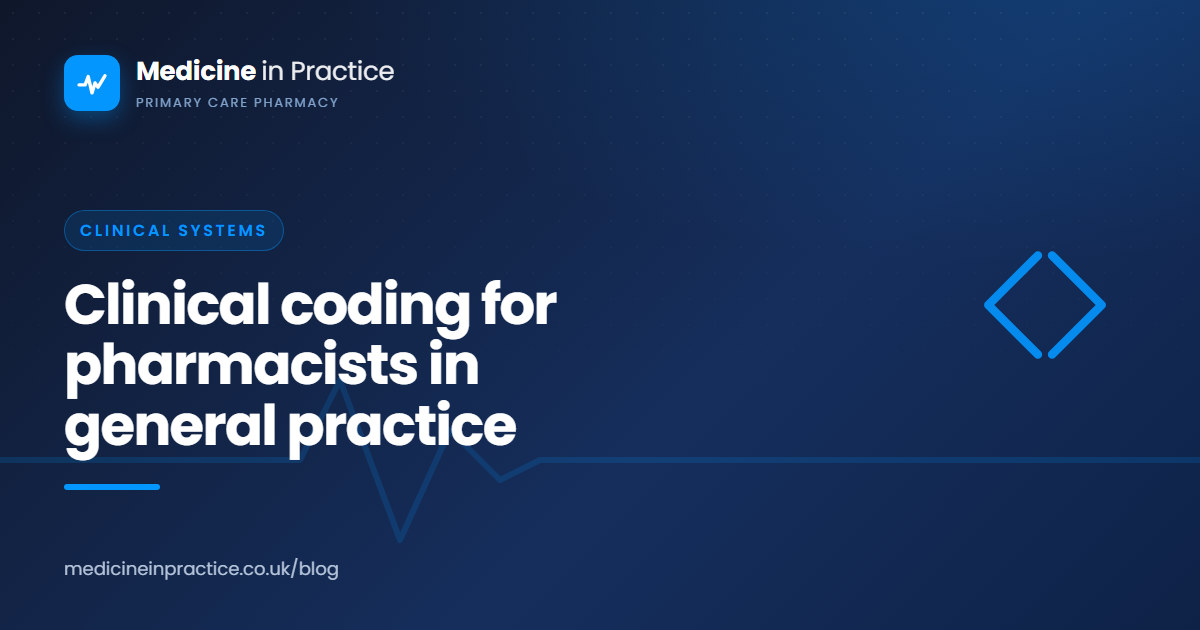A GP pharmacist doing clinical coding in general practice, entering a SNOMED code for a medication review on an EMIS screen.