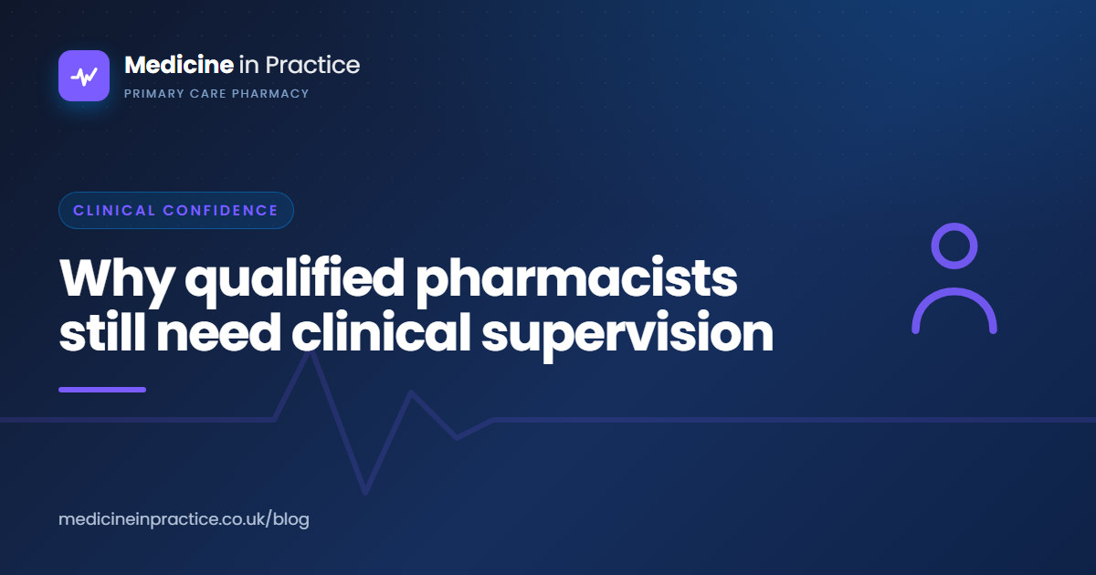 Primary care pharmacist talking through patient cases with a GP during a scheduled supervision session in a practice office
