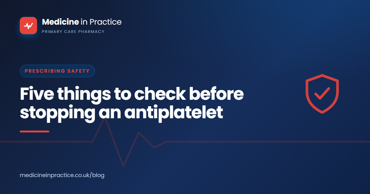 GP practice pharmacist checking a cardiology discharge plan before stopping aspirin and clopidogrel during a medication review