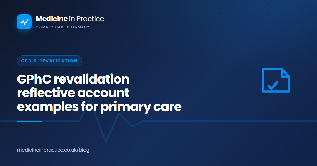 A primary care pharmacist writing a GPhC revalidation reflective account example at a GP practice desk.