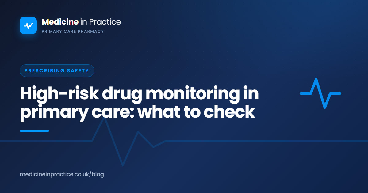 Primary care pharmacist checking high-risk drug monitoring blood results on a GP clinical system