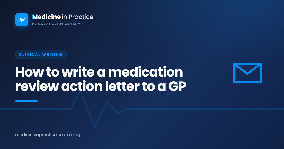 A primary care pharmacist writing a medication review action letter to a GP at a practice computer.