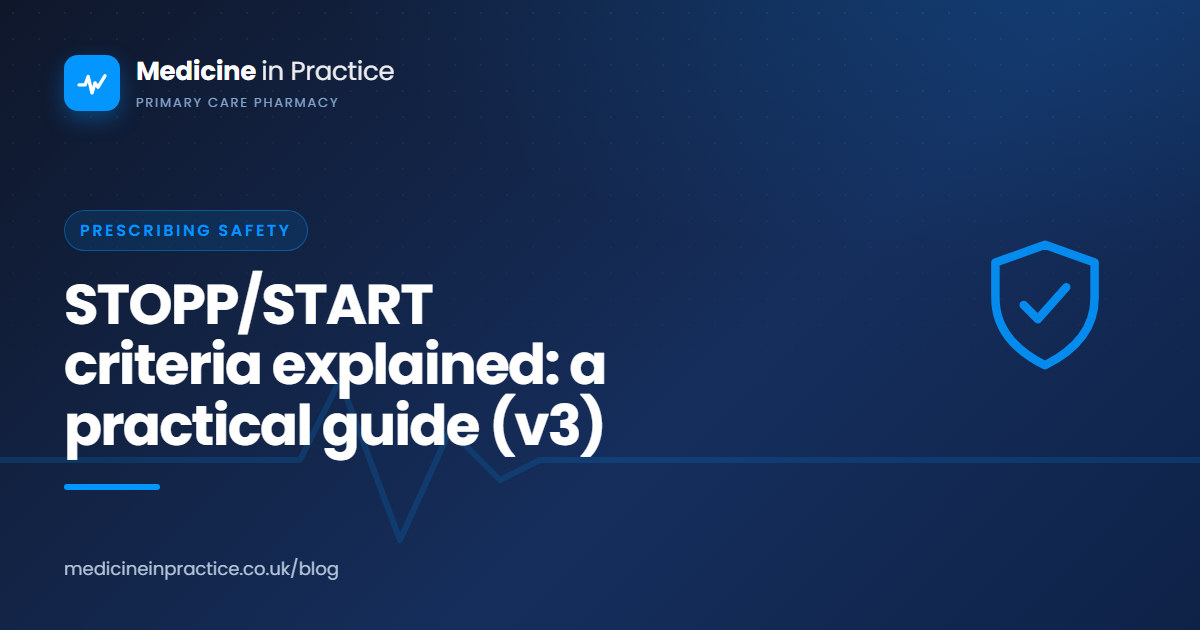 A primary care pharmacist applying the STOPP/START criteria to an older patient's repeat prescription during a medication review.
