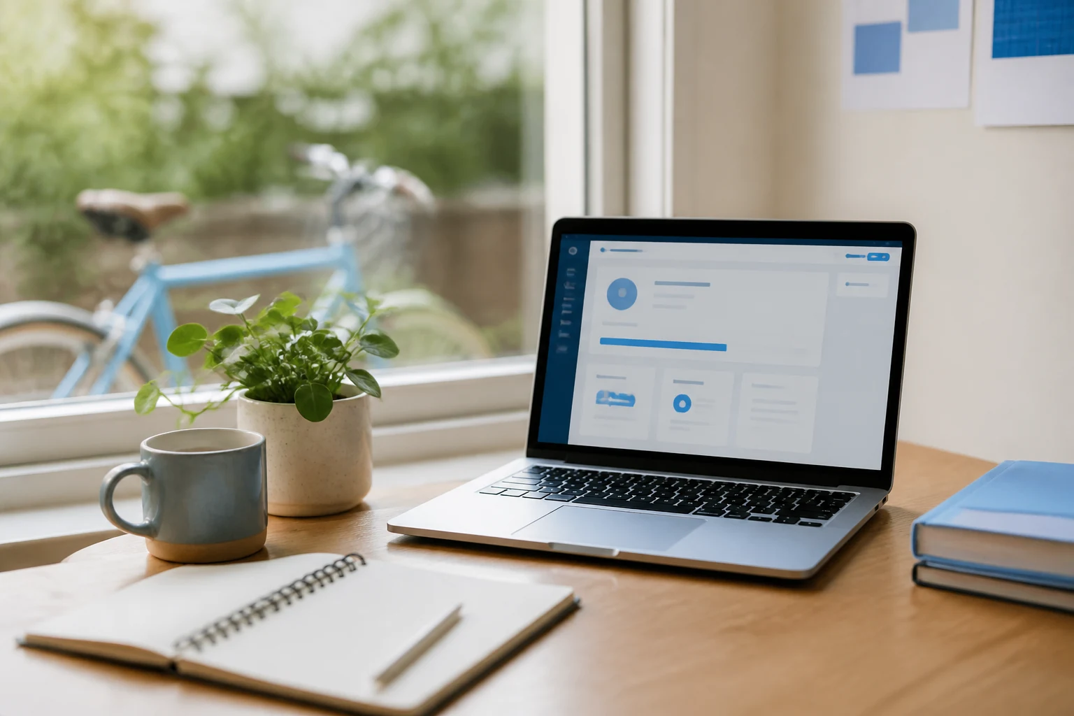 A laptop set up for digital learning beside a reusable mug, notebook, plant and bicycle