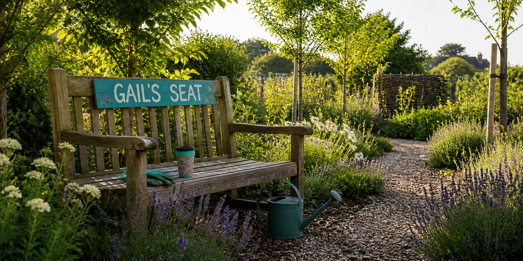 A cheerful garden bench labelled Gail's Seat, with a reusable mug, gardening gloves and watering can